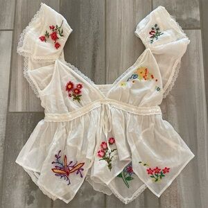 By Anthropologie Patched Hanky Babydoll Top XS White Lace Embroidered Fairy